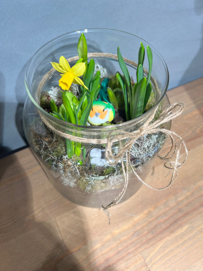 hyacinth and narcissus mix in glass vase